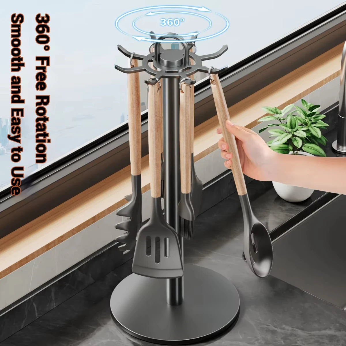 360° Rotating Kitchen Utensil Rack – Space-Saving Organizer with 8 Hooks