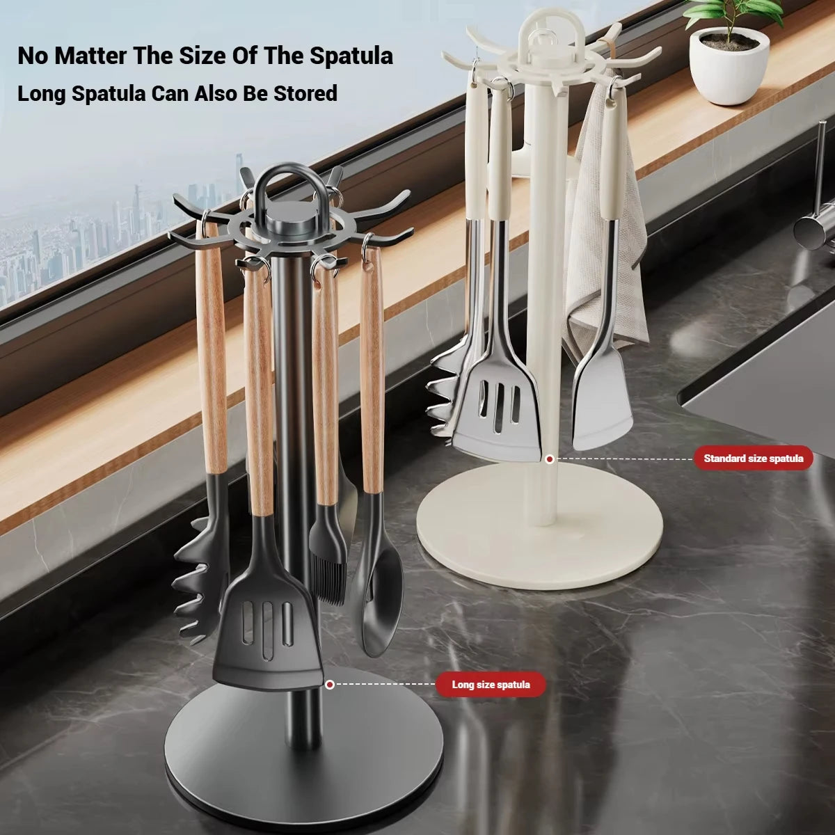 360° Rotating Kitchen Utensil Rack – Space-Saving Organizer with 8 Hooks