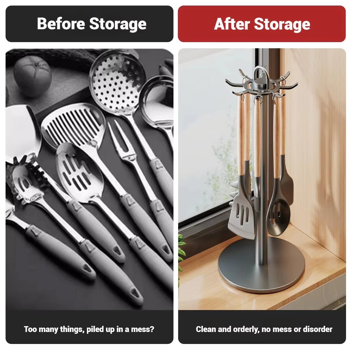 360° Rotating Kitchen Utensil Rack – Space-Saving Organizer with 8 Hooks