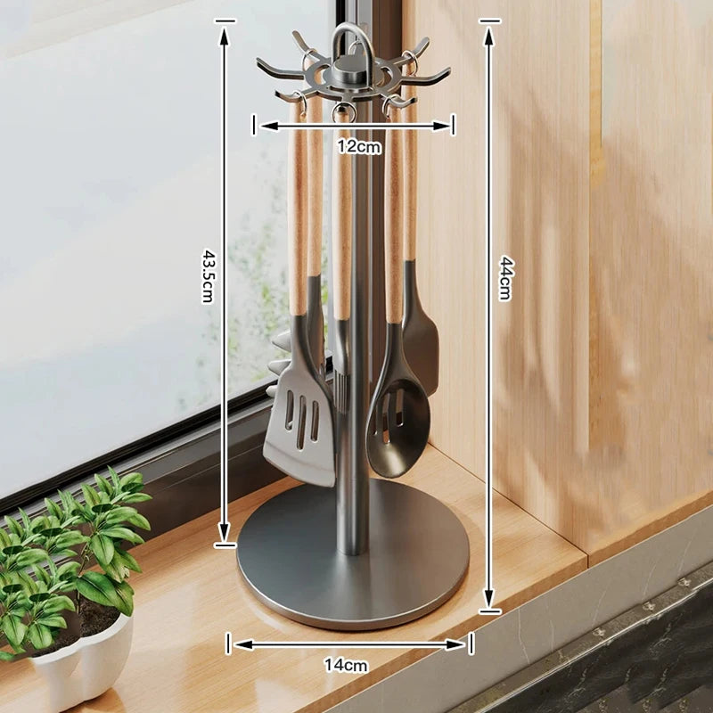 360° Rotating Kitchen Utensil Rack – Space-Saving Organizer with 8 Hooks